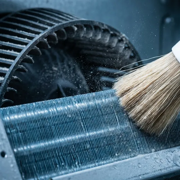 Evaporator coil fins and blower fan being brushed free of dust