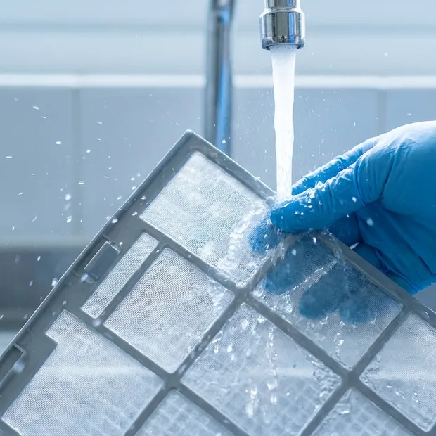 Air conditioner mesh filter being rinsed clean under running water