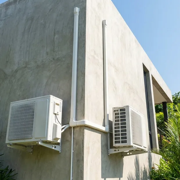 Two outdoor condenser units mounted on wall brackets with tidy white trunking