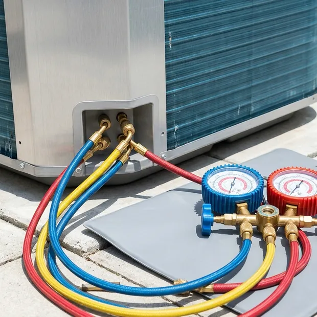 Manifold gauge set connected to an outdoor unit to check system pressure