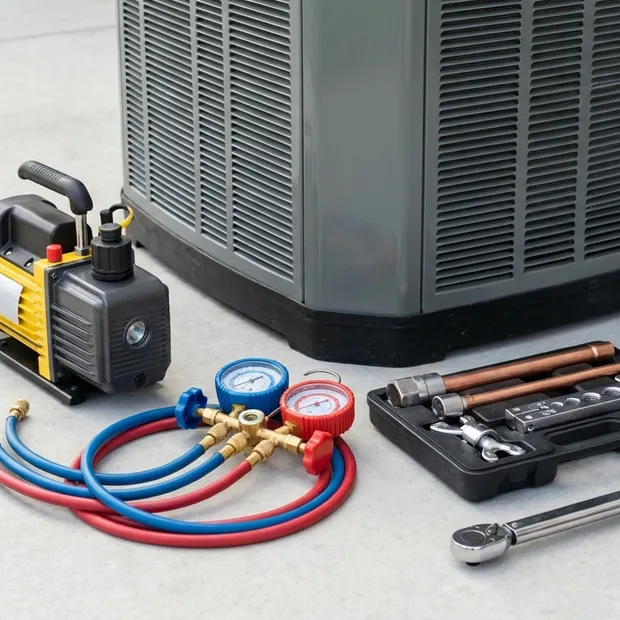 Vacuum pump, manifold gauges and copper flaring tools laid out beside a condenser