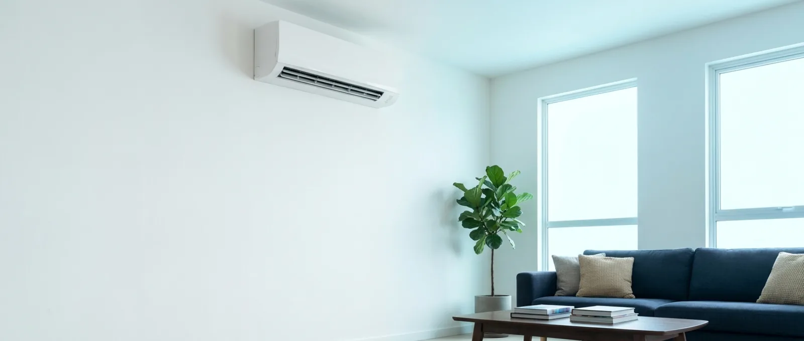 Wall-mounted air conditioner cooling a modern room