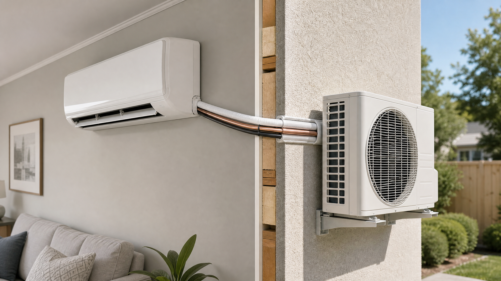 Realistic back-to-back split air-conditioner installation with indoor and outdoor units on opposite sides of the same wall