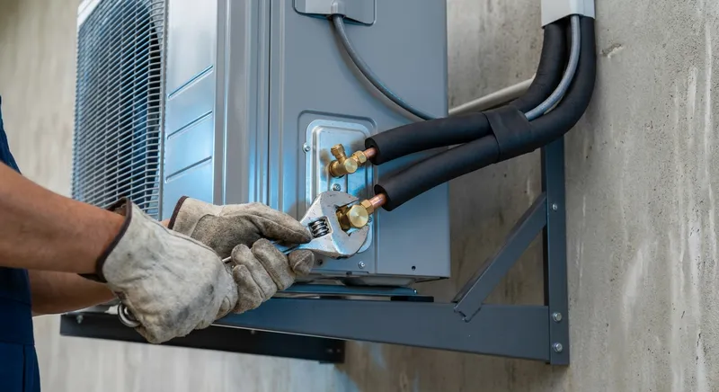 Insulated copper refrigerant pipework being connected to an outdoor air conditioner condenser