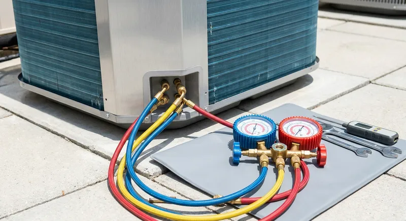 Refrigerant manifold gauges connected to an outdoor condenser unit during testing