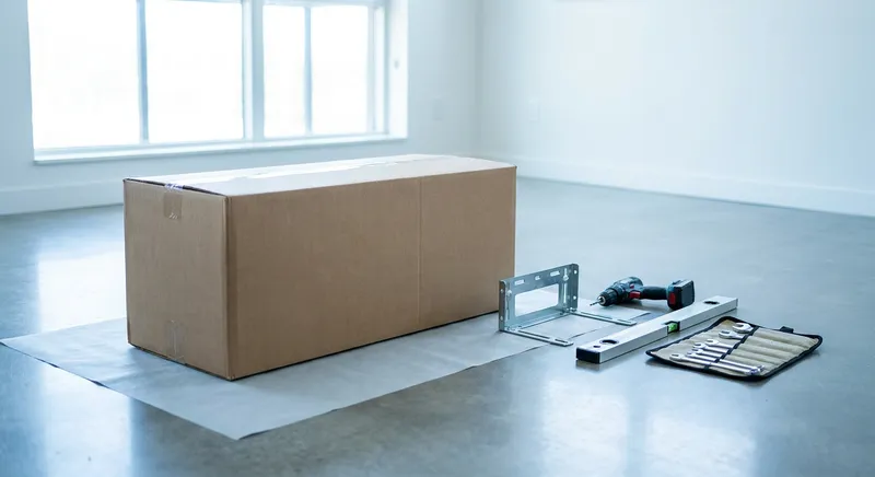 A new boxed air conditioner with mounting bracket and hand tools ready for installation